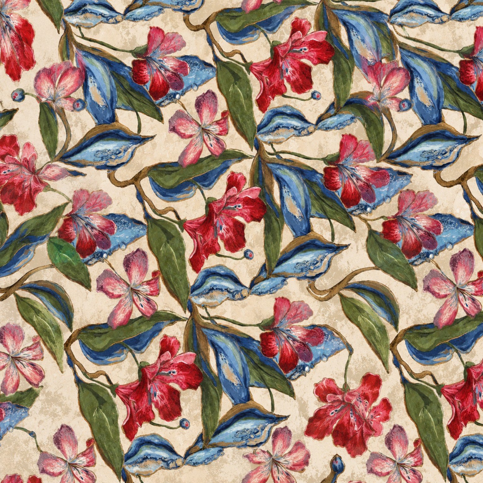 MFH signature botanical print in red, blue, olive and ivory
